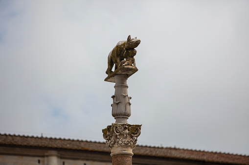 One of the many neighborhood statues in the historic streets of Siena, Tuscany, Italy
