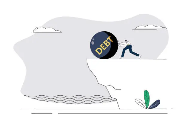 Vector illustration of Men push debt balls off cliffs.
