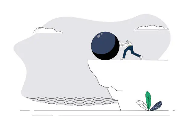 Vector illustration of The man pushed the iron ball off the cliff.