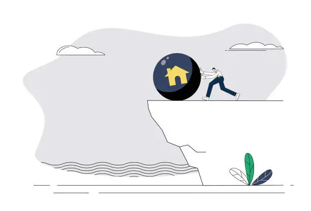 Vector illustration of The man pushed the mortgage ball off the cliff.