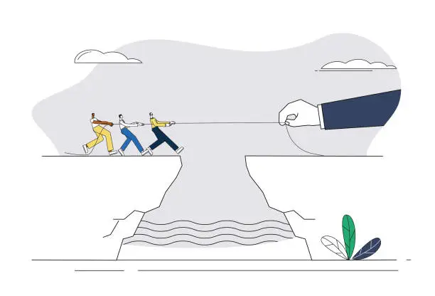 Vector illustration of A group of white-collar men competed in a tug-of-war with a giant on a cliff.