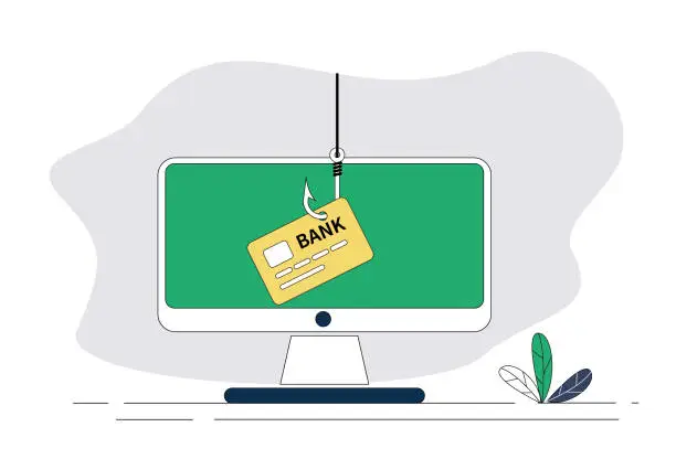 Vector illustration of Phishing, computers, fish hooks, bank cards.