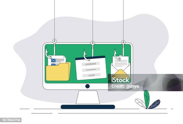 Fish Hacking A Computer Icon Phishing Computers Fish Hooks Bank Cards Emails Documents Stock ...