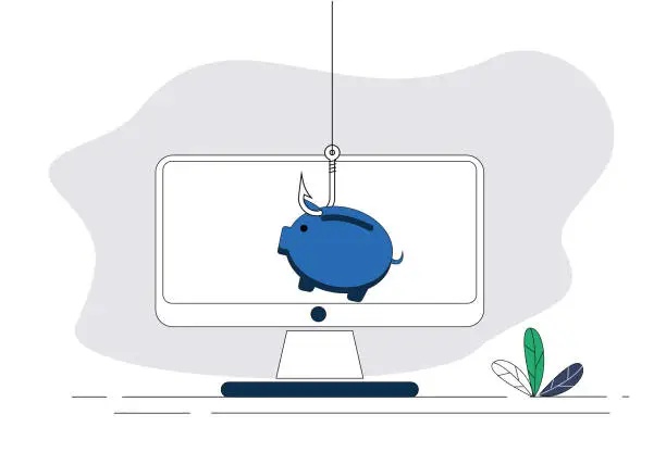 Vector illustration of ishhook, computer, piggy bank. Steal money online.