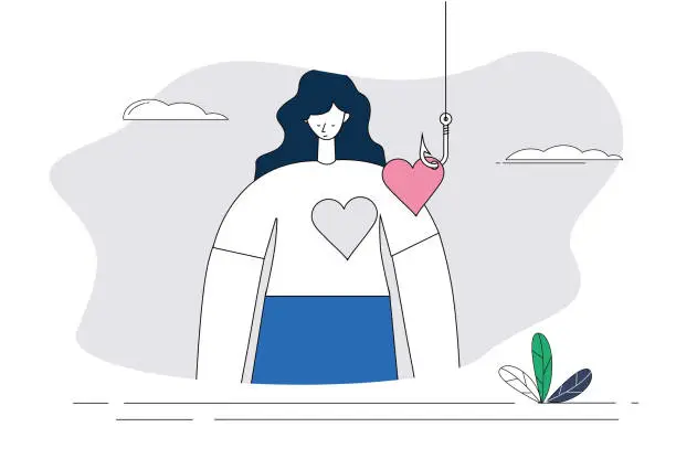 Vector illustration of A woman's heart is stolen with a fishhook.
