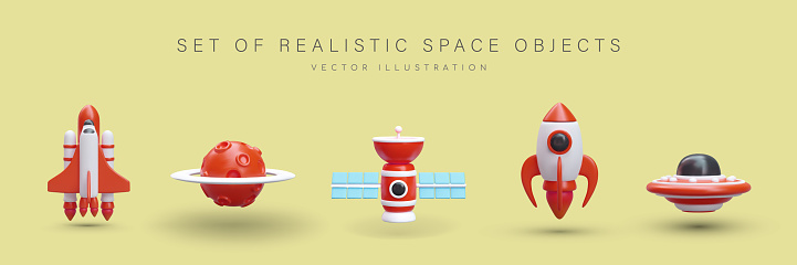 Set of 3D space objects in cartoon style. Shuttle, red planet, satellite with solar panels, rocket, flying saucer. Space vehicles. Isolated cute vector illustration