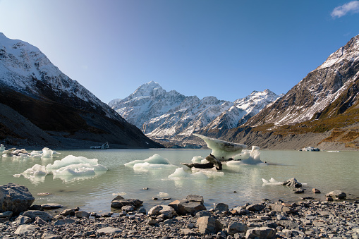 Small icebergs float on the surface of beautiful Hooker Lake, whilst the snow-capped peak of Mt Cook looms majestically in the background.