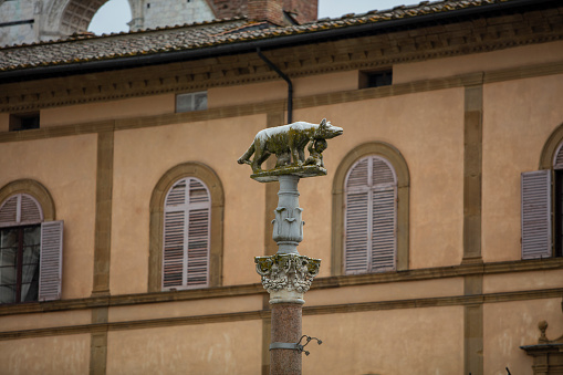 One of the many neighborhood statues in the historic streets of Siena, Tuscany, Italy