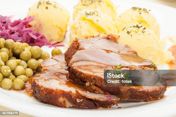 Roast Pork With Sauce And Potatoes Stock Photo - Download Image Now - Pork, Roasted, Shoulder