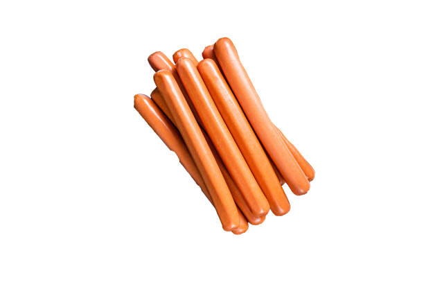 istock Frankfurter sausages on wooden cutting board. High quality Isolate, white background. 1673584761