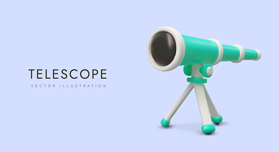 3D telescope on tripod. Vector cartoon image. Services of supervision, observation. Equipment for research. Specialized optics. Horizontal template with place for logo, text