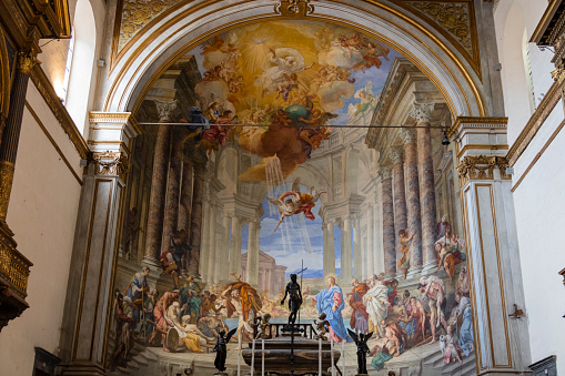 Rome - The frescoes by Pellegrino Aretusi (1463 - 1525) and statue of St. Jacob by Jacobo Tatti (1486 - 1570) in church Chiesa di Nostra Signora del Sacro Cuore.