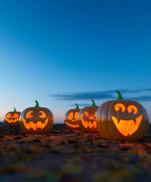 Group of carved pumpkins at Halloween 3d render Selection of carved Halloween pumpkins on a leaf strewn ground at sunset glowing 3d render happy halloween pumpkin stock pictures, royalty-free photos & images