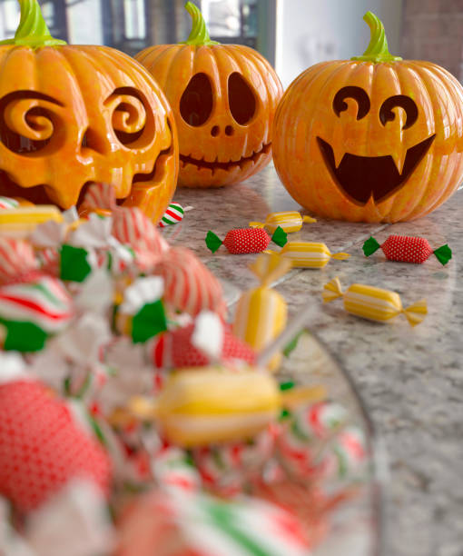 Halloween candy. Corn candy and pumpkin candy. Copy space.