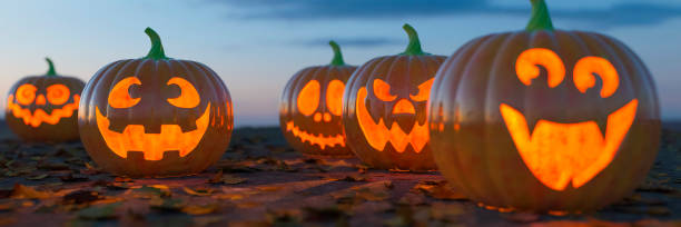 istock Group of carved pumpkins at Halloween 3d render 1673607838