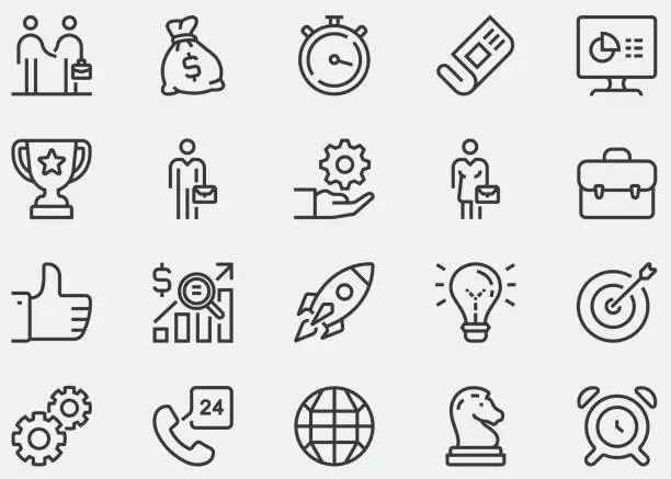 Vector illustration of Business Content line icon.Startup, Business Strategy, Data Analysis, Budget, Target, Award, Portfolio, Man, Women, Idea, Contact Us, Search, Strategies, Marketing, Reports, development, optimization.
