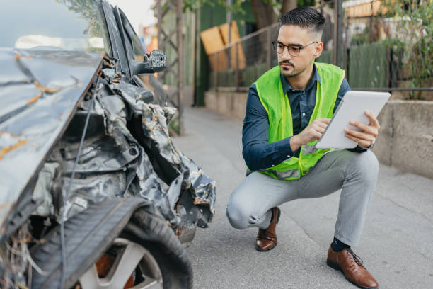istock Car Accident Inspection with Mobile Technology 1673627354