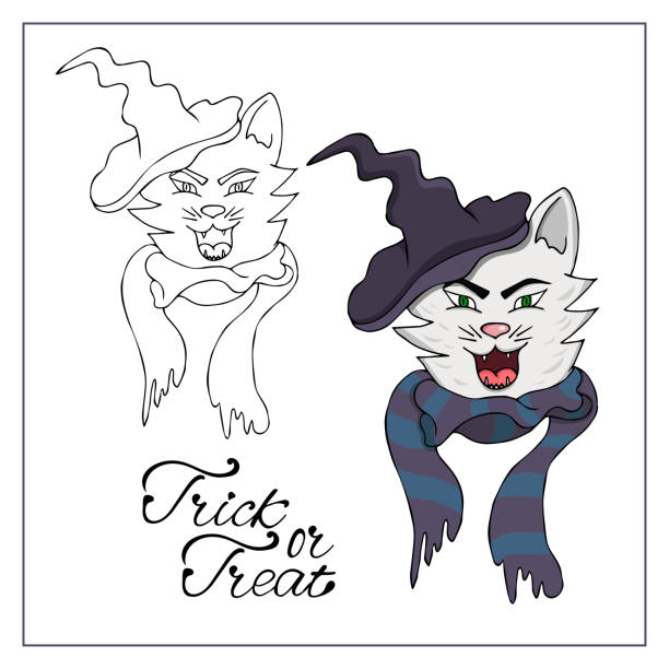 ilustrações de stock, clip art, desenhos animados e ícones de angry halloween cat face - silhouette animal black domestic cat
