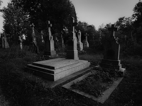 Black and white image of a moving ghost, travelling through a forgotten graveyard.