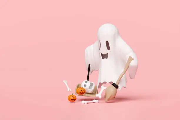 Photo of 3d halloween day with cute ghost, witch wand, pumpkin, skull, shovel garbage isolated on pink background. holiday party, ghost cleans the floor, 3d render illustration