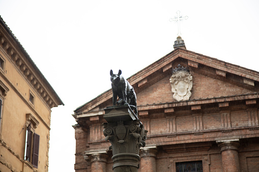 One of the many neighborhood statues in the historic streets of Siena, Tuscany, Italy