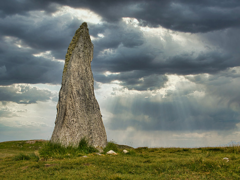 A standing stone at Callanish 2 - an arrangement of standing stones located on the Isle of Lewis, Outer Hebrides, Scotland. They were erected in the late Neolithic era.