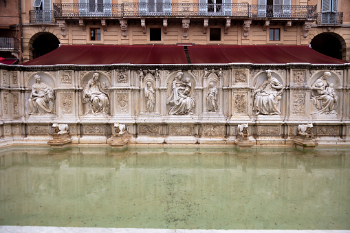 Fonte Gaia monumental fountain at the Piazza del Campo square in Siena city, Tuscany, Italy