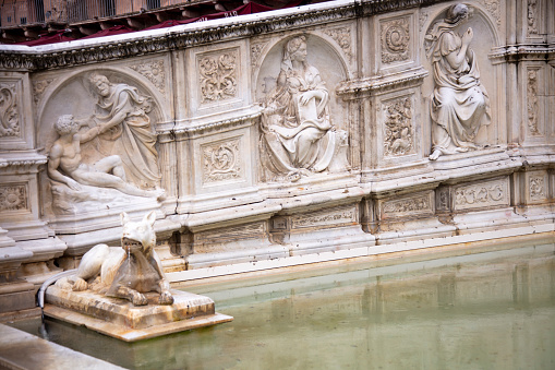 Fonte Gaia monumental fountain at the Piazza del Campo square in Siena city, Tuscany, Italy