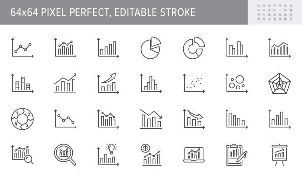 Graph line icons. Vector illustration include icon - data analysis, diagram, stat, histogram, economy outline pictogram for infographic statistic presentation. 64x64 Pixel Perfect, Editable Stroke Graph line icons. Vector illustration include icon - data analysis, diagram, stat, histogram, economy outline pictogram for infographic statistic presentation. 64x64 Pixel Perfect, Editable Stroke. histogram chart stock illustrations