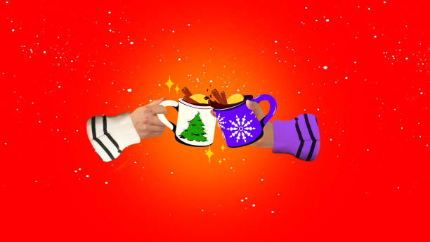 istock Hands clinking cups with mulled wine over red background. Warming drink. Contemporary art collage. 1673688019