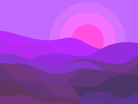 Landscape of wavy hills at sunset in a minimalist style. Dusk over the hills, purple and lilac shades. Boho decor. Design for printing banners, posters, book covers. Vector illustration