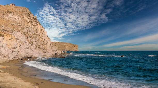 istock clouds Cluster in the sky on a deserted beach with magnificent cliffs and sea waves 1673694518