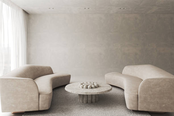 istock Contemporary classic white beige interior with creative composition background. Large modern japanese sofa and nature front view. 3d rendering mock up picture frame. High quality 3d illustration 1673697777