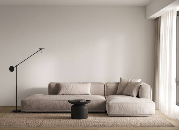 istock Contemporary classic white beige interior with sofa and decor - carpet background. Large modern japanese lamp and nature front view. 3d rendering illustration mockup. High quality 3d illustration 1673698367