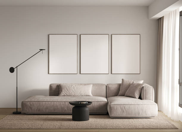 istock Contemporary classic white beige interior with sofa and decor - carpet background. Large modern japanese lamp and nature front view. 3d rendering illustration mockup. High quality 3d illustration 1673698900