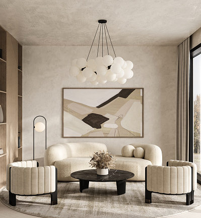 Contemporary classic white beige livingroom with black table and decor - carpet background. Large modern japanese lamp and nature view. 3d rendering illustration mockup. High quality 3d illustration.