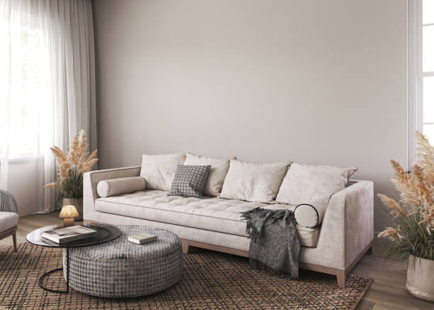 istock White interior design with light sofa and armchair. Boho carpet and window with curtain. Wall mockup in modern luxury living room. 3d render. High quality 3d illustration 1673700104