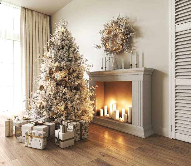 istock Contemporary classic white beige livingroom with fireplace, christmas tree background. Light modern japanese nature interior. 3d rendering illustration. High quality 3d illustration 1673700137