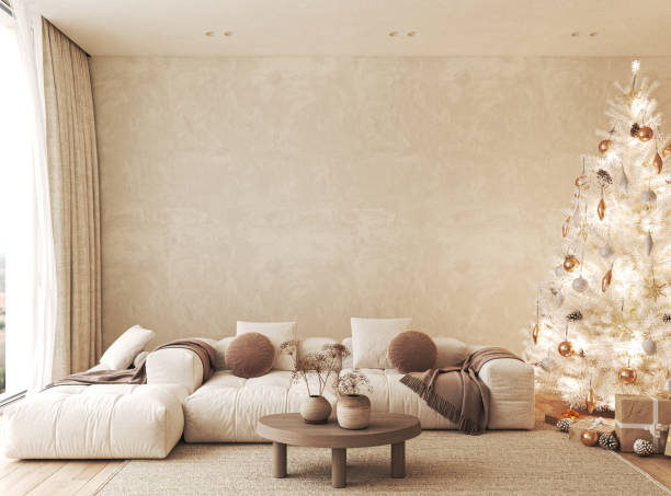 istock Contemporary scandi boho white beige livingroom with sofa and decor - carpet background. Large modern japanese Christmas tree and nature view. 3d rendering mock up. High quality 3d illustration 1673700680
