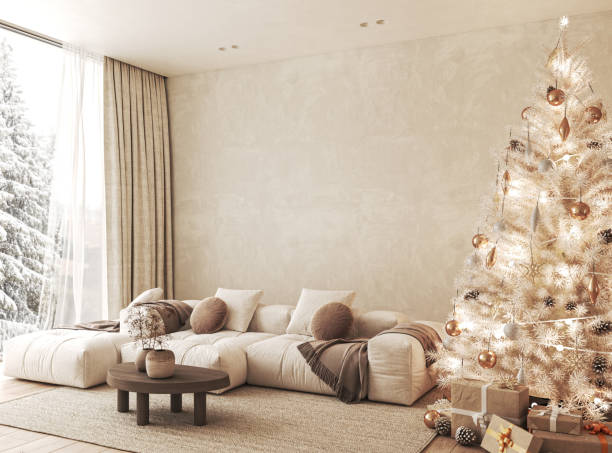 istock Contemporary scandi boho white beige livingroom with sofa and decor - carpet background. Large modern japanese Christmas tree and nature view. 3d rendering mock up. High quality 3d illustration 1673701201