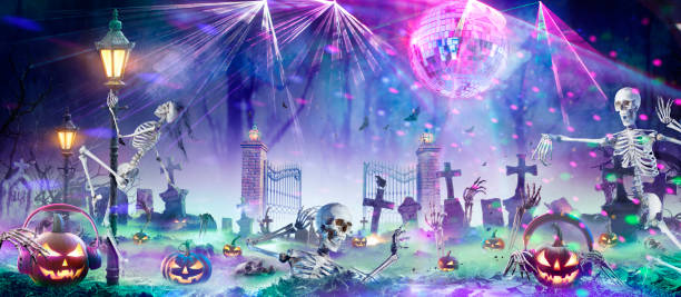 istock Halloween Disco Party -  Pumpkins And Zombies Dancing In Graveyard At Night 1673707751