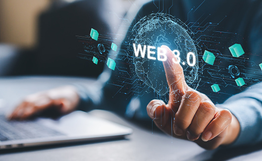 Human hold Web 3.0 with globe, big Data and blockchain concept, Technology development network, blockchain technology, global futuristic, website internet, business and WEB 3.0 concept
