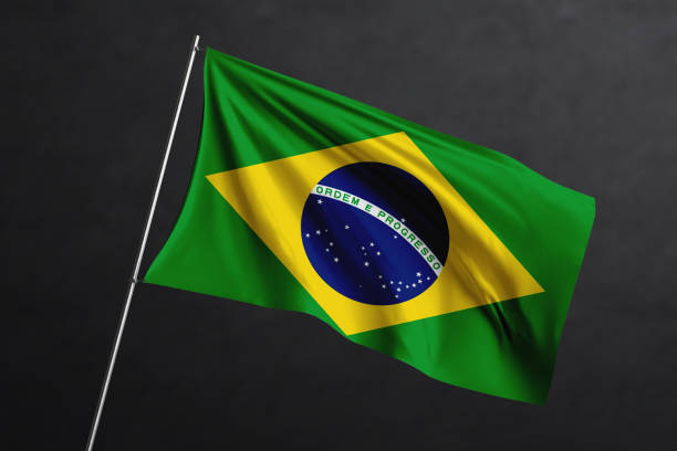 istock 3D Waving flag design. Brazil National flag on black background. 1673718112