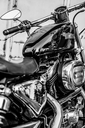 new york, United States – September 08, 2023: A closeup of the legendary Harley Davidson motorcycle in grayscale