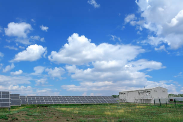 istock Solar panel, photovoltaic, alternative electricity source - concept of sustainable resources. Landscape of solar panels at solar power plant 1673734203