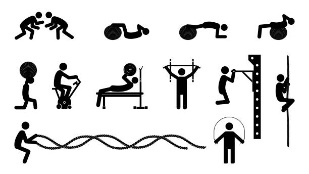 каркасные фигуры, большой набор спортивных состязаний, плоская векторная иллюстрация. - sport exercising silhouette chin ups stock illustrations