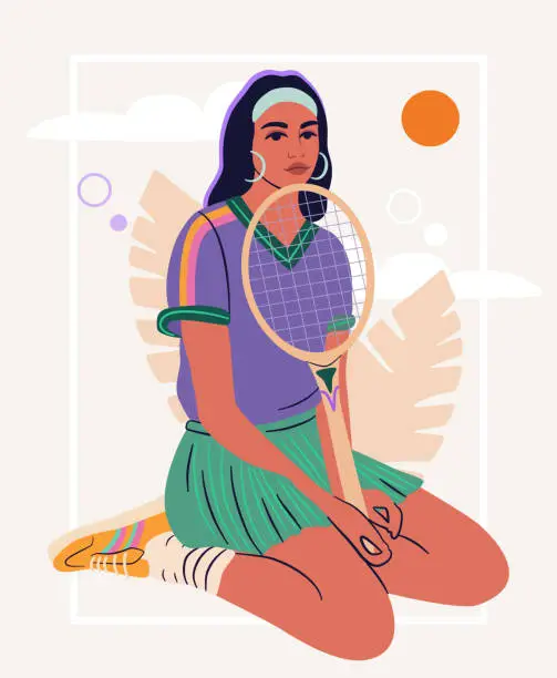 Vector illustration of Young woman sitting with a tennis racquet.
