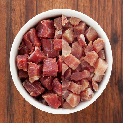 Composition of two shots of diced prosciutto hams for variation concept