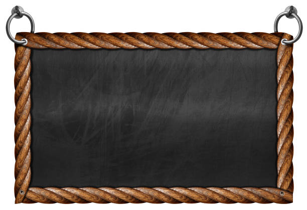 Old empty blackboard with wooden rectangular frame in the shape of brown ropes and steel rings for hanging. Isolated on white background and copy space, template, photography.