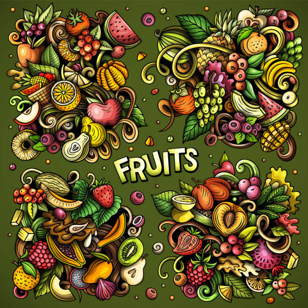 ilustraciones, imágenes clip art, dibujos animados e iconos de stock de frutas frescas dibujos animados vector doodle diseños set - plum grape fruit clip art